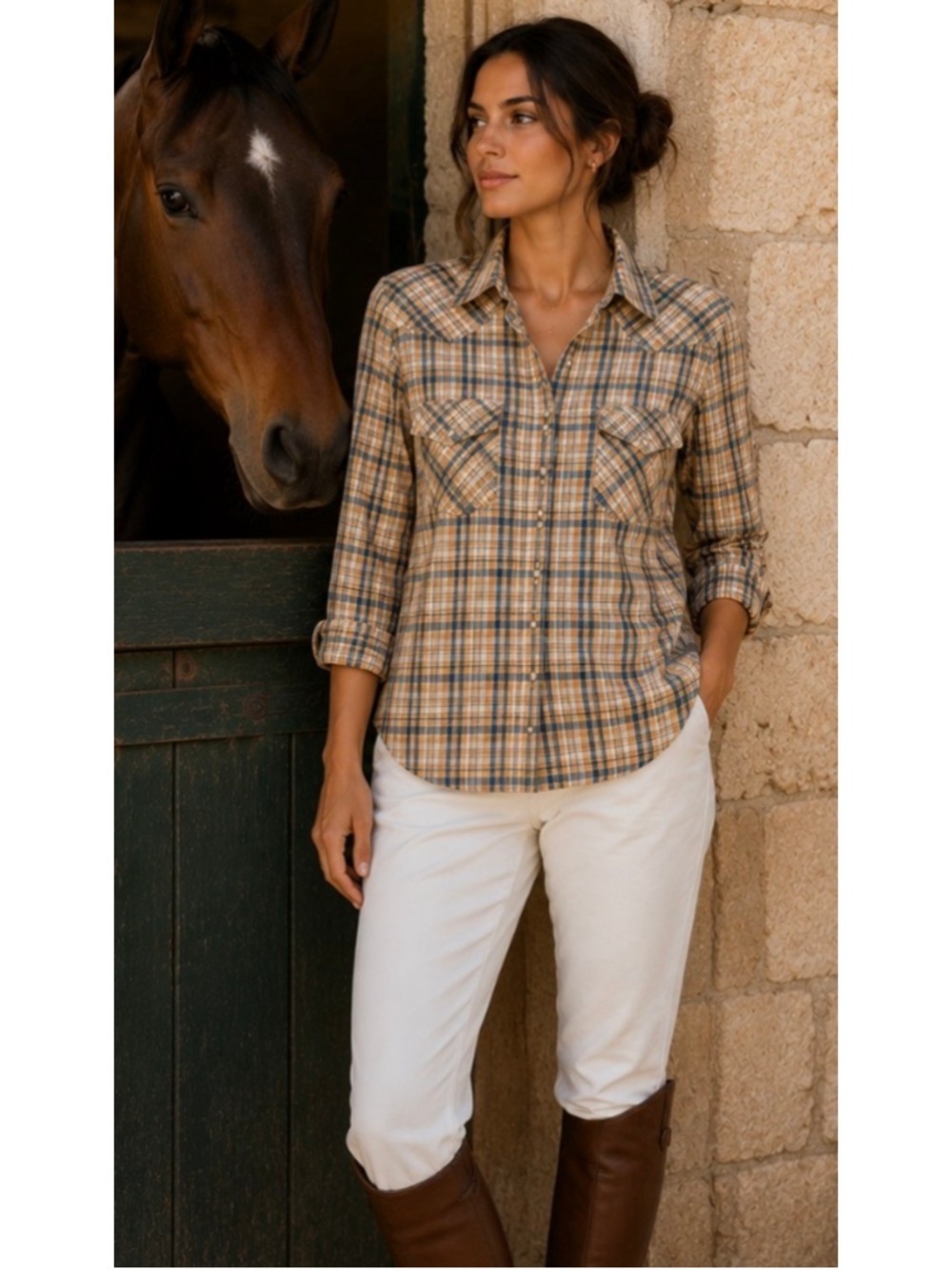 Scully Plaid Button Down Shirt Size L Beige Blue Western Pearl Snap